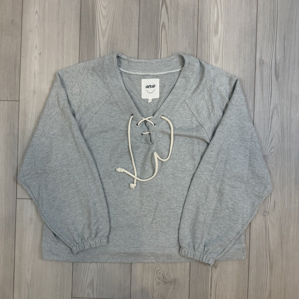 Aerie Oversized Gray Lace Up Sweatshirt Pullover Size XL Crew